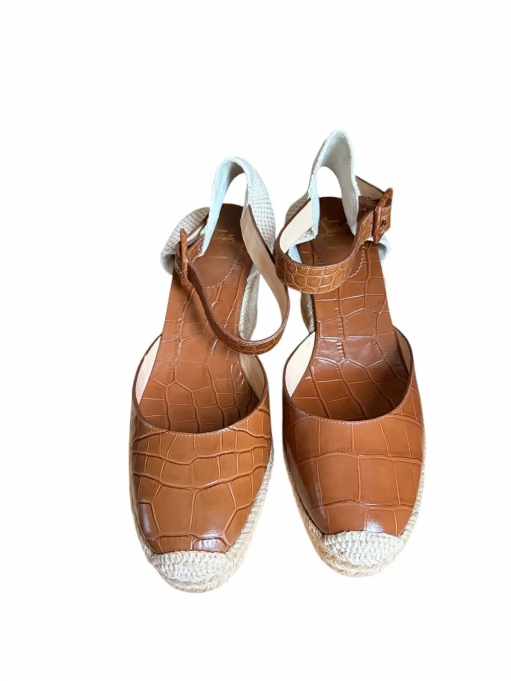 Christian Louboutin Amelina Tan Croc-Embossed Espadrille Wedge Sandal